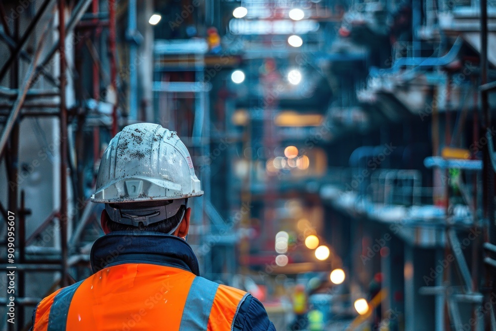 Construction Worker in Hard Hat Looking at Construction Site Construction Worker in Hard Hat Looking at Construction Site