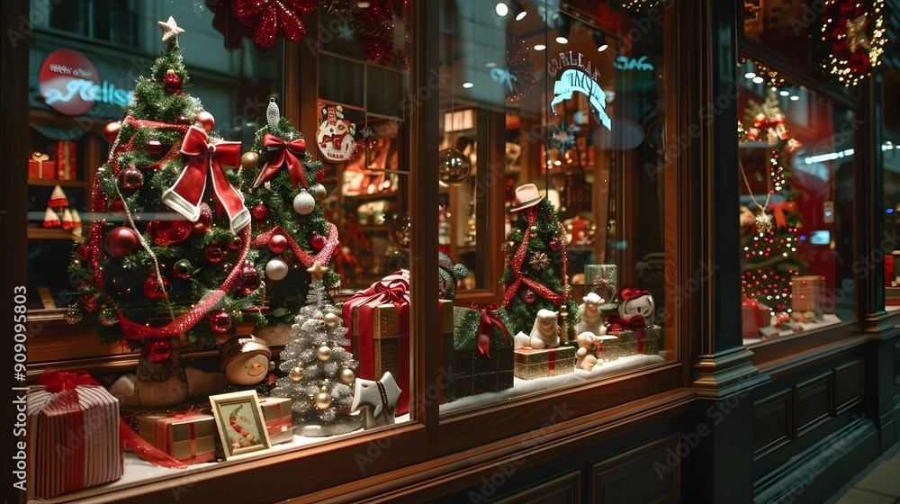 Festive Holiday Window Display in Retail Store Showcases Cheerful Christmas Festive Holiday Window Display in Retail Store Showcases Cheerful Christmas