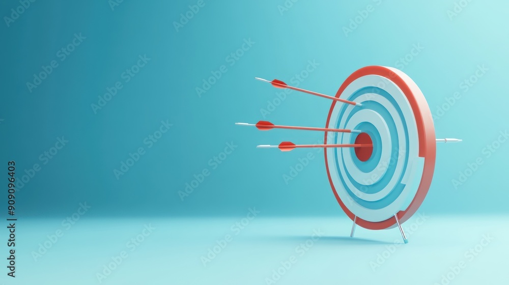 Red Arrows Hitting a Target on a Blue Background Red Arrows Hitting a Target on a Blue Background