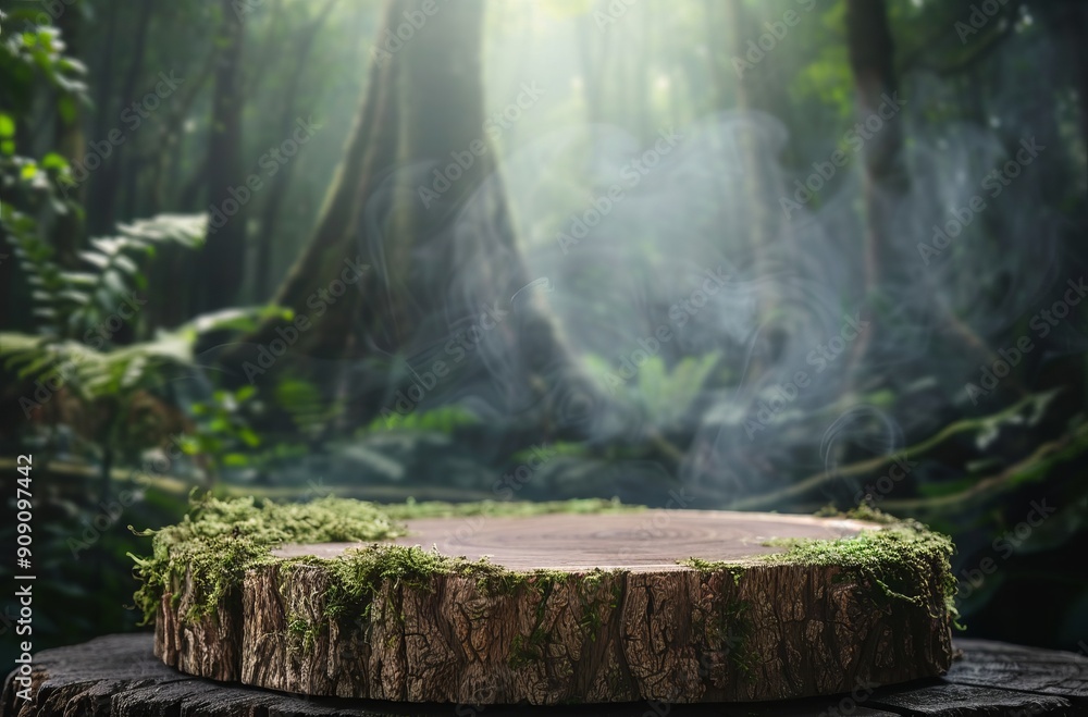 Moss-Covered Tree Stump Surrounded by Lush Forest and Mystical Mist in Daylight Moss-Covered Tree Stump Surrounded by Lush Forest and Mystical Mist in Daylight
