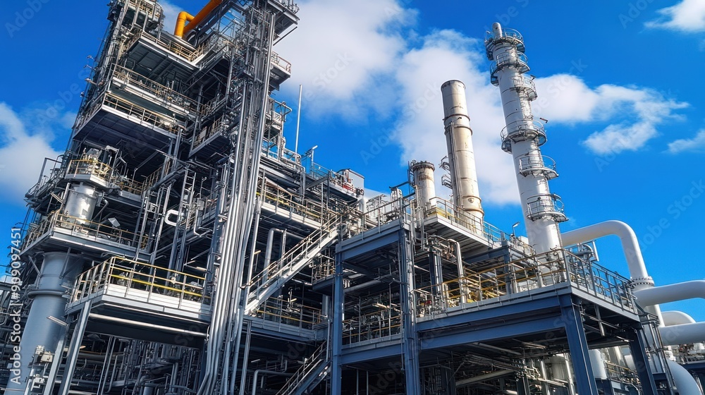 Industrial Plant with Towers and Pipes Against a Blue Sky Industrial Plant with Towers and Pipes Against a Blue Sky