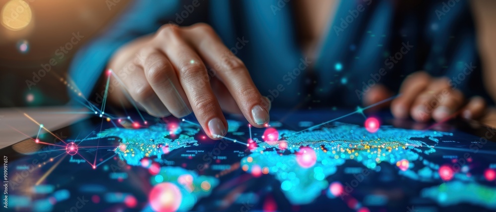 Person interacting with a digital global map on a touchscreen display, illustrating technology and international connectivity. Person interacting with a digital global map on a touchscreen display, illustrating technology and international connectivity.