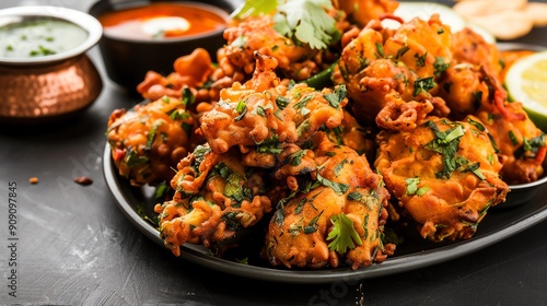 Indian snack platter featuring spicy herbflavored chicken pakoras
