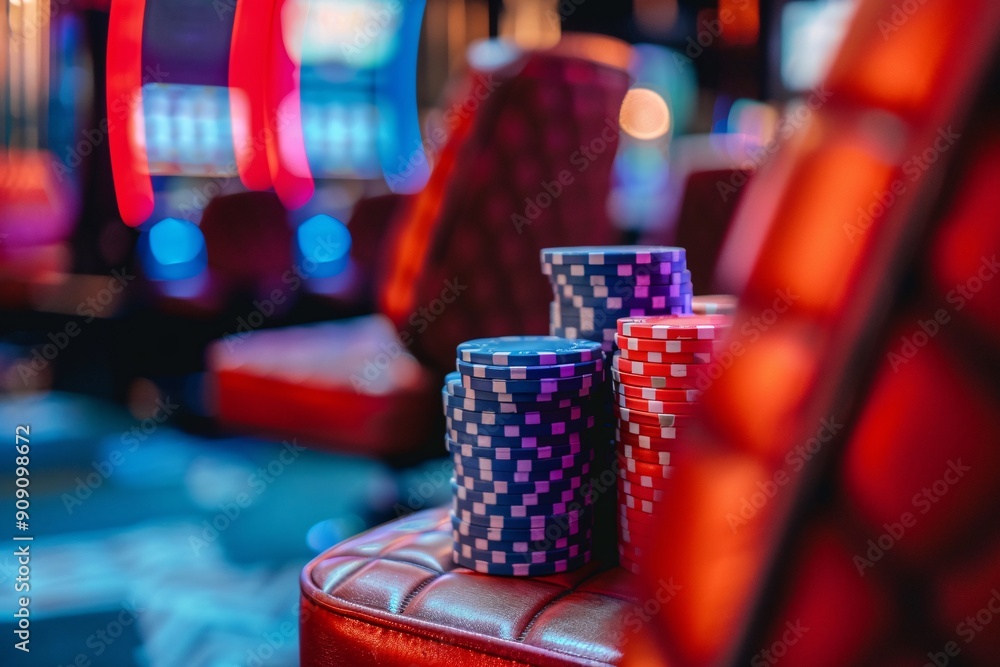 Poker chips on the table with bokeh background. Casino concept. Casino equipment. Poker chips on the table with bokeh background. Casino concept. Casino equipment.