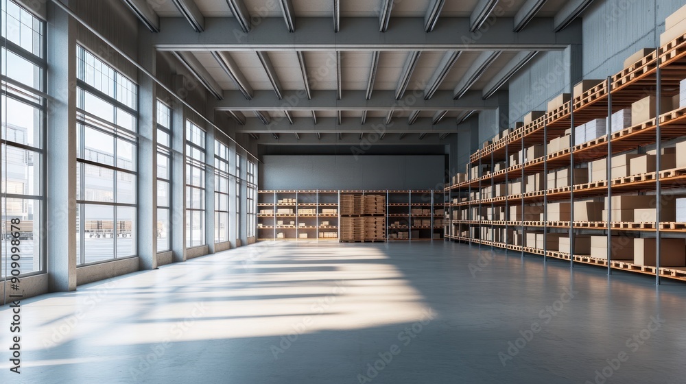 Empty Warehouse Interior with Cardboard Boxes on Shelving Empty Warehouse Interior with Cardboard Boxes on Shelving