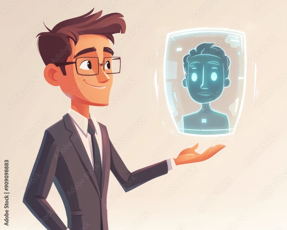 Future Business World: Cartoon Businessman Engaging with Holographic Assistant Future Business World: Cartoon Businessman Engaging with Holographic Assistant