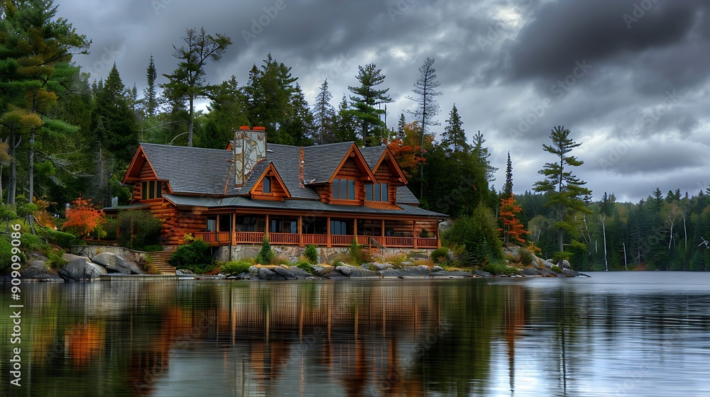Fototapeta premium Large wood and stone log home surrounded by a cloudy sky and a lake