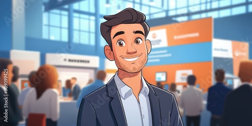 Smiling Cartoon Entrepreneur Revealing Innovative Gadget at Technology Expo