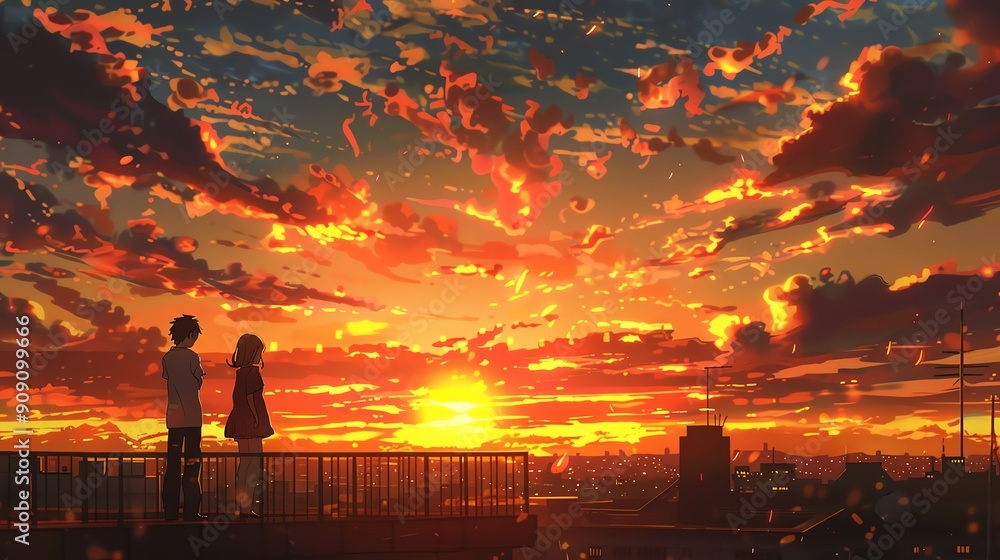 Silhouetted figures on a rooftop at sunset, with a vibrant red-orange sky creating a romantic and serene atmosphere, anime background Silhouetted figures on a rooftop at sunset, with a vibrant red-orange sky creating a romantic and serene atmosphere, anime background