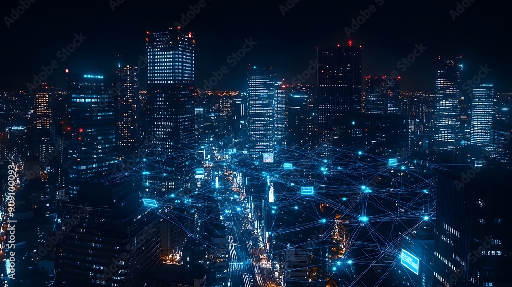 A cityscape at night with glowing blue network connections connecting buildings and roads, symbolizing the smart grid technology of an energy management system A cityscape at night with glowing blue network connections connecting buildings and roads, symbolizing the smart grid technology of an energy management system