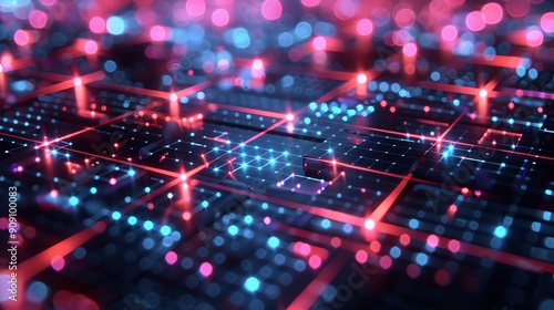 Futuristic digital grid with neon lines and glowing nodes