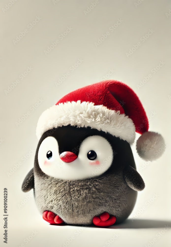 baby penguin wearing Santa hat surrounded by snow, gifts, and Christmas decorations baby penguin wearing Santa hat surrounded by snow, gifts, and Christmas decorations