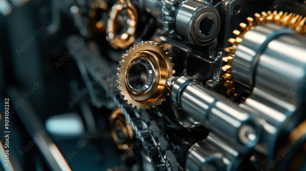 Close-up of a Metallic Gear System with Gold Accents Close-up of a Metallic Gear System with Gold Accents