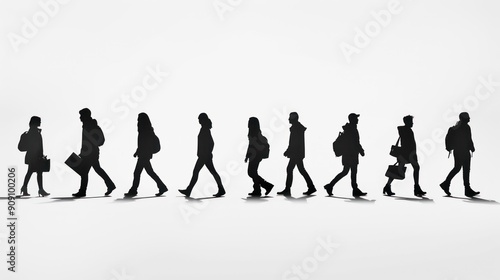 Group of people silhouettes walking in different directions.