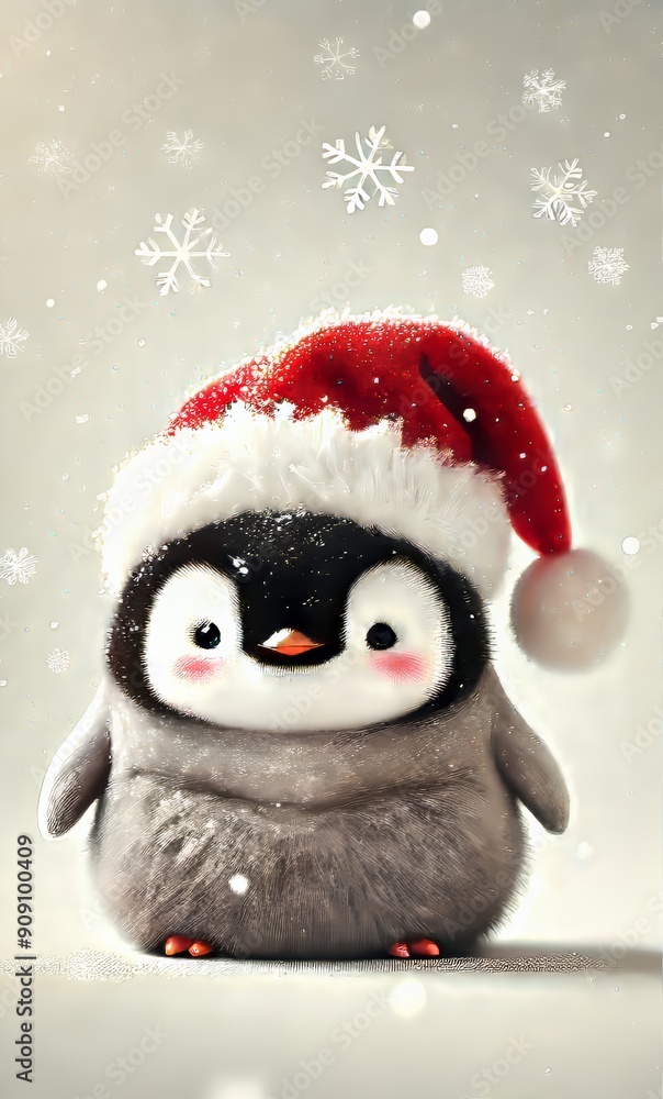 baby penguin wearing Santa hat surrounded by snow, gifts, and Christmas decorations baby penguin wearing Santa hat surrounded by snow, gifts, and Christmas decorations