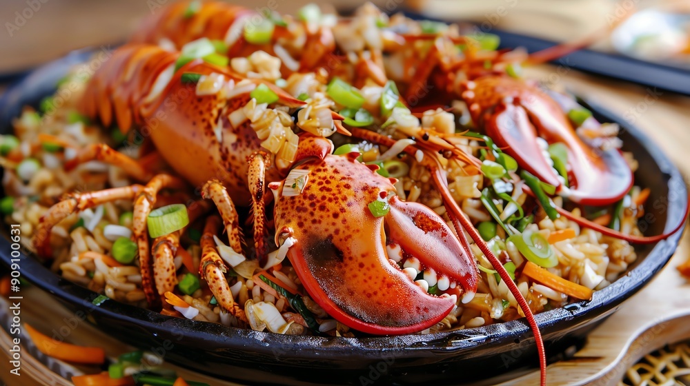 Savory Chinese lunch of ginger scallion lobster with fried rice Savory Chinese lunch of ginger scallion lobster with fried rice