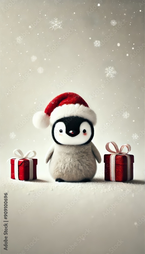 baby penguin wearing Santa hat surrounded by snow, gifts, and Christmas decorations baby penguin wearing Santa hat surrounded by snow, gifts, and Christmas decorations