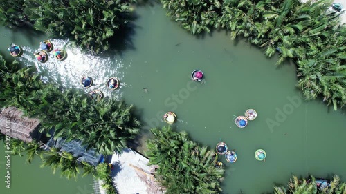 Drone view of Coconut Forest Basket Boat Ride in Hoi An, vietnam. photo