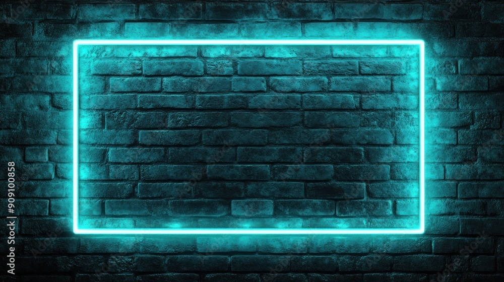 Glowing Cyan Neon Frame on a Brick Wall Glowing Cyan Neon Frame on a Brick Wall