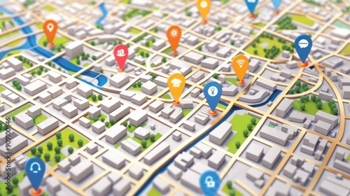 A detailed map highlights various landmarks and services throughout an urban area with colorful icons and clear pathways