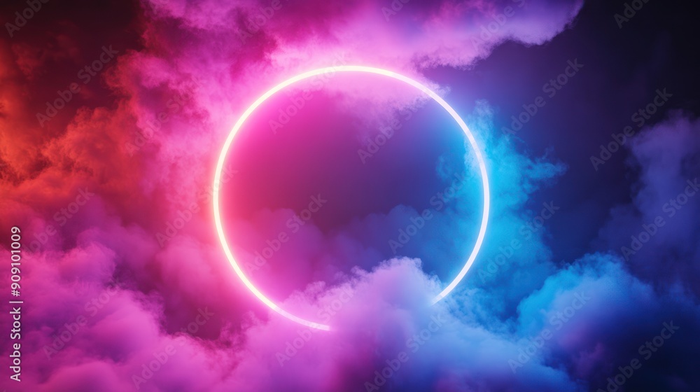 Glowing Neon Ring in a Purple and Blue Cloudy Sky Glowing Neon Ring in a Purple and Blue Cloudy Sky