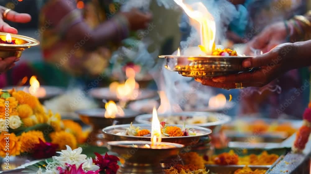 A person is holding a bowl with a flower in it, and there are many other bowls with flowers in them. The scene is likely a religious or spiritual ceremony, as the bowls are lit