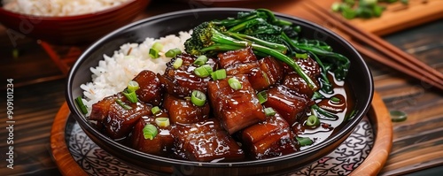 Traditional Chinese lunch featuring soybraised duck and Chinese broccoli photo