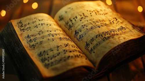 An Open Book of Music Sheet in Warm Lighting photo