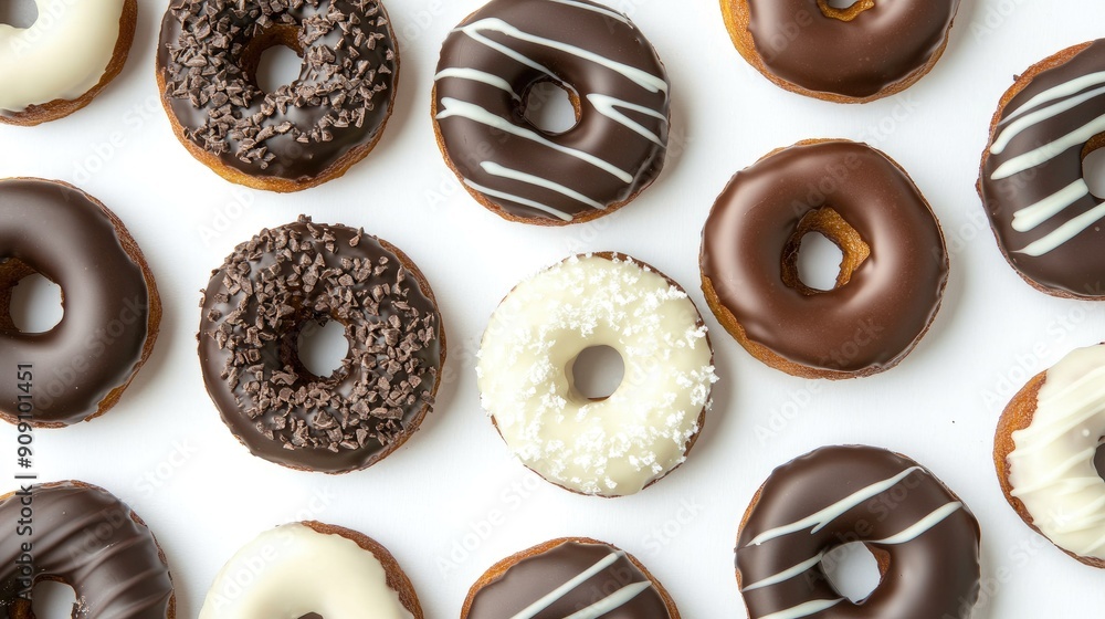 Elegant display of dark and white chocolate donuts, top view on a white background, emphasizing their glossy coatings and variety Elegant display of dark and white chocolate donuts, top view on a white background, emphasizing their glossy coatings and variety