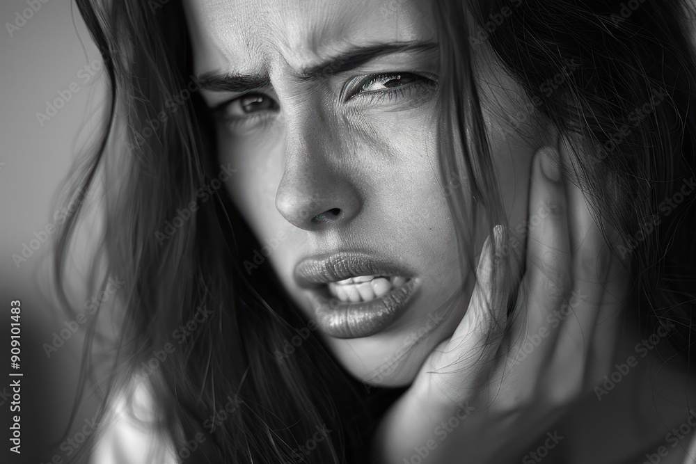 A close-up of a woman with long hair experiencing toothache, her hand touching her cheek in discomfort A close-up of a woman with long hair experiencing toothache, her hand touching her cheek in discomfort