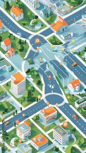 A vibrant urban landscape showcases winding roads, diverse buildings, and active traffic flow in a bustling neighborhood