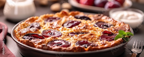 Traditional French brunch of plum and almond clafoutis with a side of yogurt