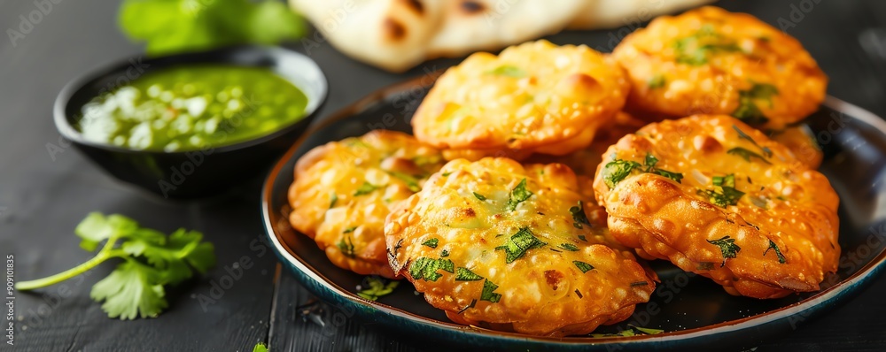 Traditional Indian snack of herbinfused matar kachori with green chutney Traditional Indian snack of herbinfused matar kachori with green chutney