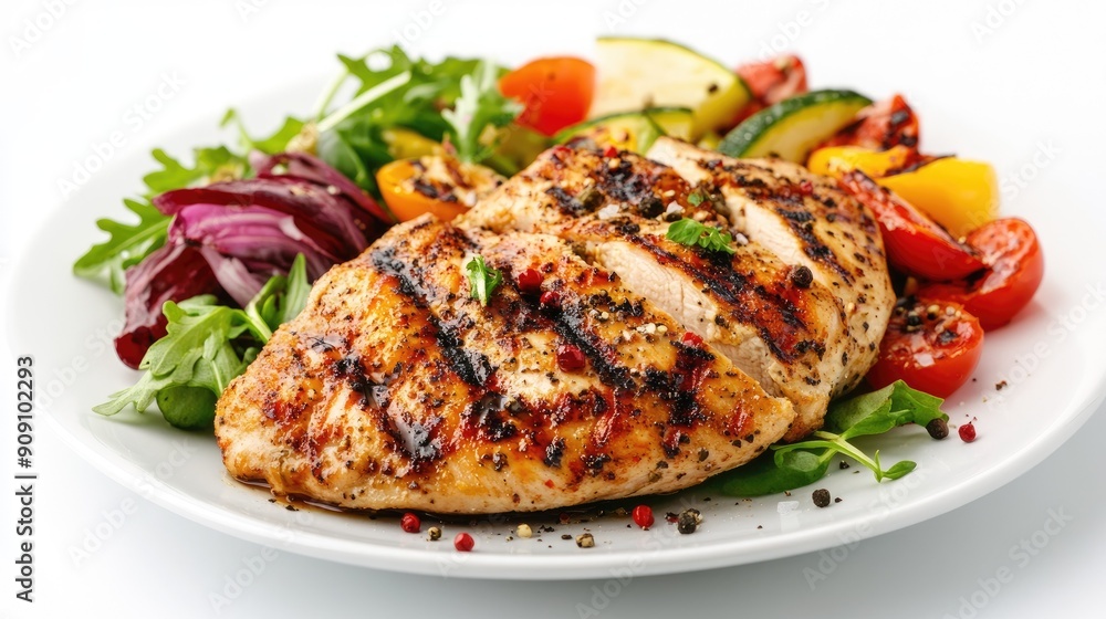 Healthy grilled chicken served with a medley of vegetables on a white plate, isolated on a white background, perfect for culinary visuals Healthy grilled chicken served with a medley of vegetables on a white plate, isolated on a white background, perfect for culinary visuals