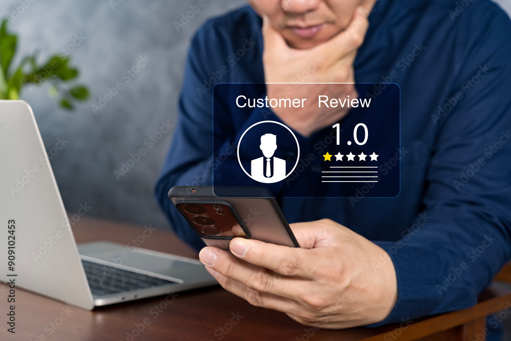 Businessman Client with Sadness Emotion Face on smartphone screen, Bad review. Businessman Client with Sadness Emotion Face on smartphone screen, Bad review.