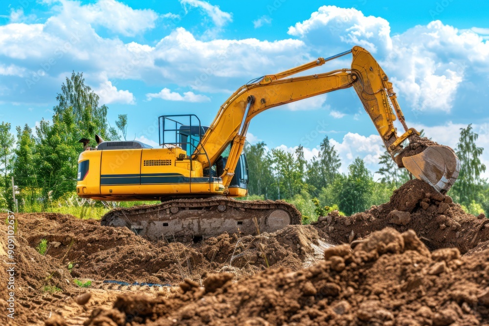 Backhoe working by digging soil at construction site at sunny day. Crawler excavator digging on soil Backhoe working by digging soil at construction site at sunny day. Crawler excavator digging on soil