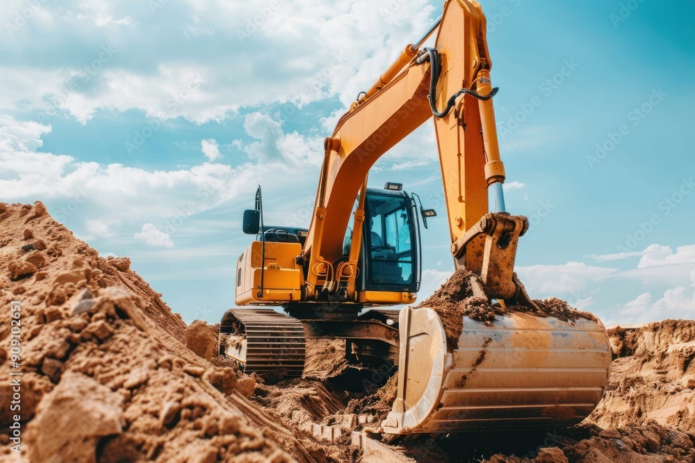 Backhoe working by digging soil at construction site at sunny day. Crawler excavator digging on soil Backhoe working by digging soil at construction site at sunny day. Crawler excavator digging on soil