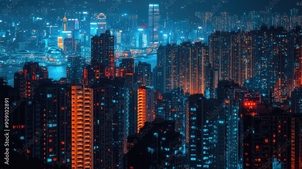 Night view from Kowloon side of Hong Kong's skyline, capturing the city's colorful lights and energetic nightlife from a top perspective Night view from Kowloon side of Hong Kong's skyline, capturing the city's colorful lights and energetic nightlife from a top perspective