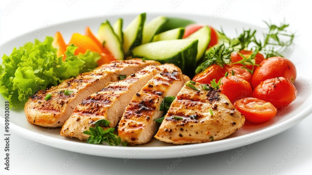 Plate of juicy grilled chicken with a colorful array of vegetables, isolated on a clean white background, showcasing healthy dining Plate of juicy grilled chicken with a colorful array of vegetables, isolated on a clean white background, showcasing healthy dining