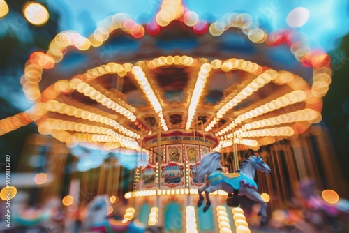 blur defocused illustration of amusement park at evening, carousel spinning with full fun