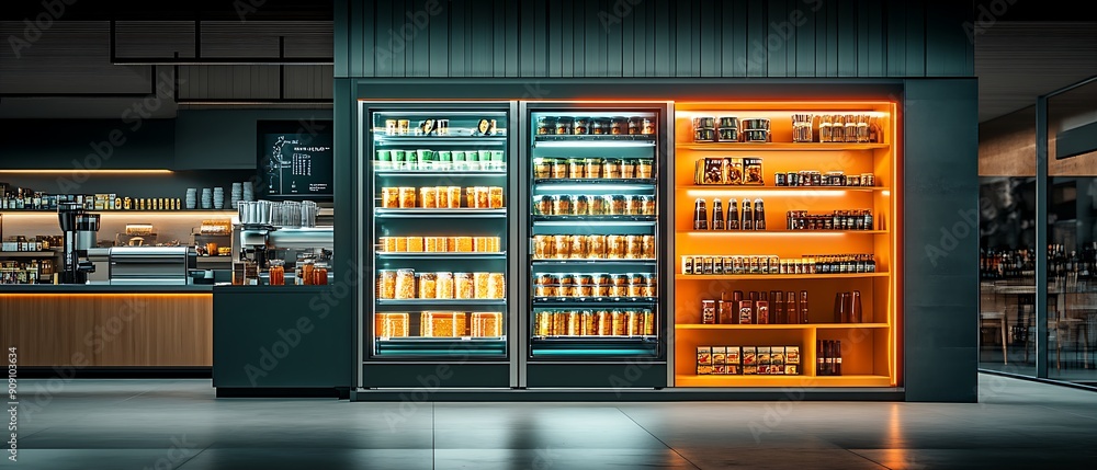Well-lit refrigerated display case with beverages and gourmet food in a modern cafe Well-lit refrigerated display case with beverages and gourmet food in a modern cafe