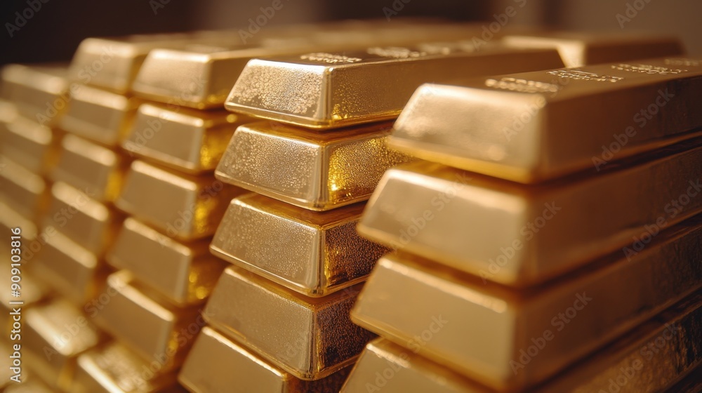 A stack of shiny gold bars neatly arranged, reflecting wealth and luxury in a simple, elegant composition. A stack of shiny gold bars neatly arranged, reflecting wealth and luxury in a simple, elegant composition.