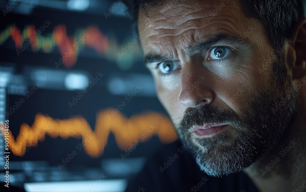 Man with a frustrated expression, ultra-realistic portrait, looking at a computer screen with a crashed Bitcoin and Ethereum market Man with a frustrated expression, ultra-realistic portrait, looking at a computer screen with a crashed Bitcoin and Ethereum market