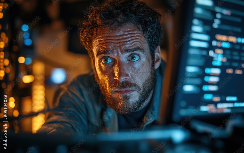 Man with a frustrated expression, ultra-realistic portrait, looking at a computer screen with a crashed Bitcoin and Ethereum market Man with a frustrated expression, ultra-realistic portrait, looking at a computer screen with a crashed Bitcoin and Ethereum market