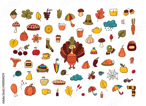 Thanksgiving family autumn holiday. Big set of harvest festival elements, traditional turkey and other food, pumpkin pie, corn, pilgrim hat. Cartoon style. Isolated neat vector set. photo