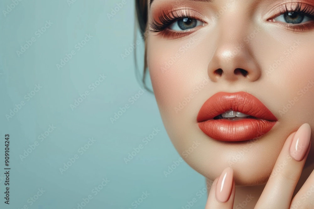 Close-up of a woman with makeup, painted lips, perfect manicure and painted nails. Creative banner beauty salon Close-up of a woman with makeup, painted lips, perfect manicure and painted nails. Creative banner beauty salon