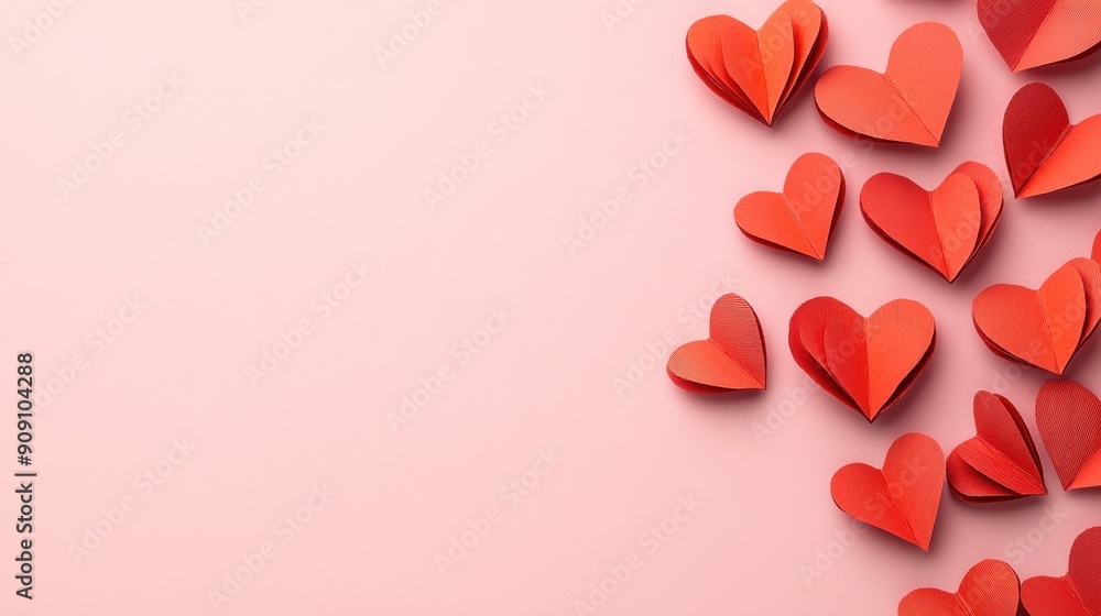 A top-down view of red paper hearts scattered on a pastel pink background, perfect for romantic occasions. A top-down view of red paper hearts scattered on a pastel pink background, perfect for romantic occasions.