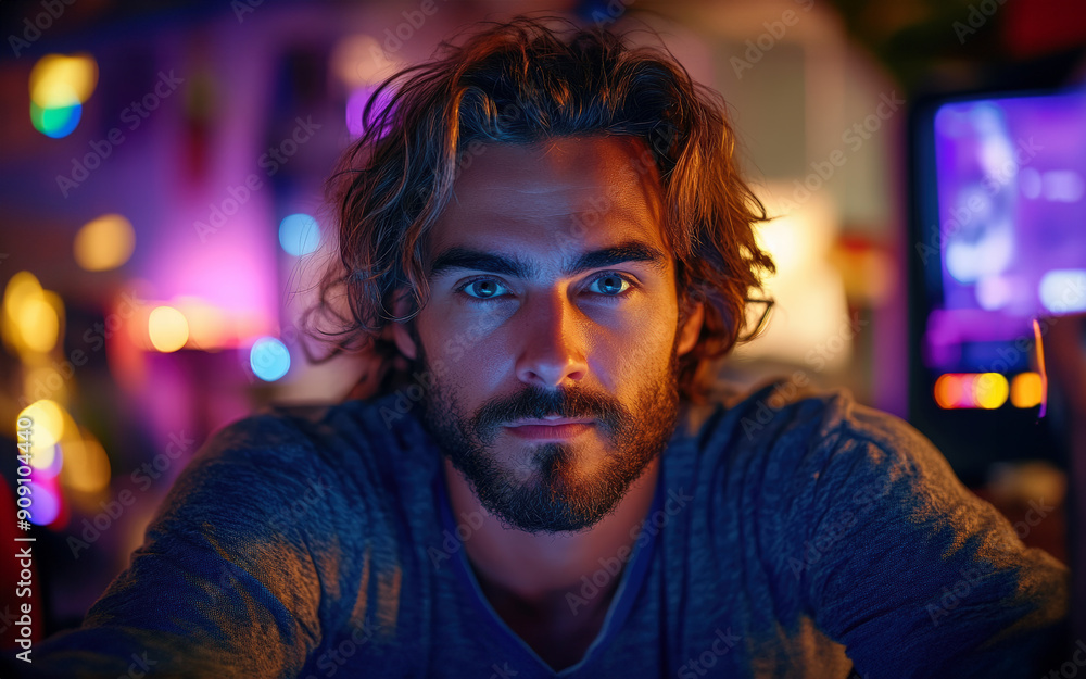 Man with a focused expression, ultra-realistic portrait, playing a video game with Bitcoin and Ethereum rewards, immersive gaming setup Man with a focused expression, ultra-realistic portrait, playing a video game with Bitcoin and Ethereum rewards, immersive gaming setup