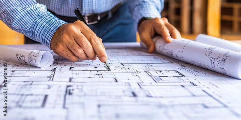 Architect Drawing on Blueprint with Pen Architect Drawing on Blueprint with Pen