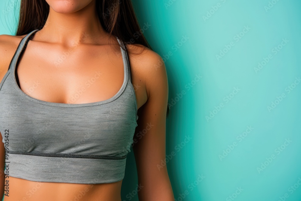 Fototapeta premium Cropped image of fit woman torso on solid color background
